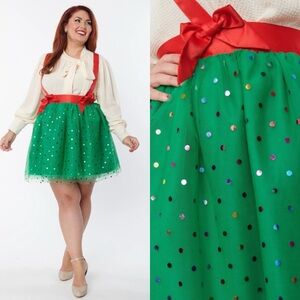 Unique Vintage Green & Multi Polka Dot Tulle Suspender Mini Skirt